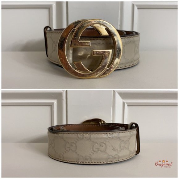 Authentic Gucci Cream Guccissima Leather Gold Interlocking G Buckle Belt 85/34 - Picture 3 of 13